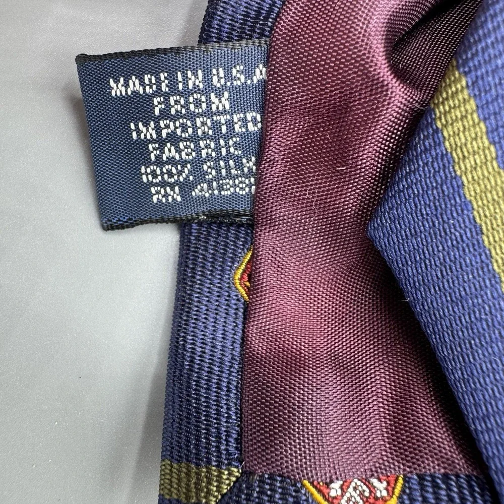 Vintage Polo Ralph Navy Stripe Club Crest Shield Tie Silk USA Embroidered